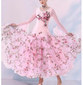 Custom size girls kids rose flowers ballroom dance dresses pink turquoise light purple waltz tango foxtrot rhinestones ballroom dance long swing dresses